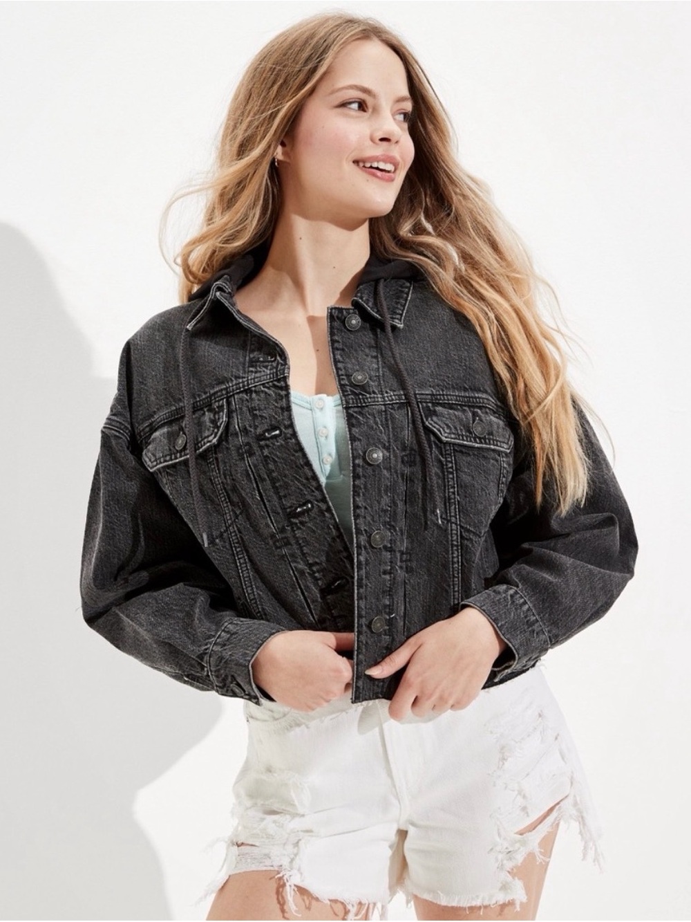American Eagle Outfitters Black Cropped Hooded Denim Jacket